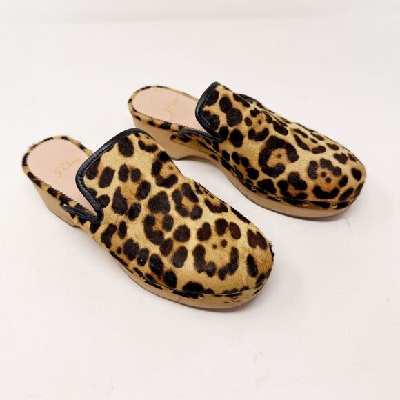 J. Crew Calf Pony Hair Cheetah Leopard Print Wooden Clogs Size 6 - Picture 2 of 9